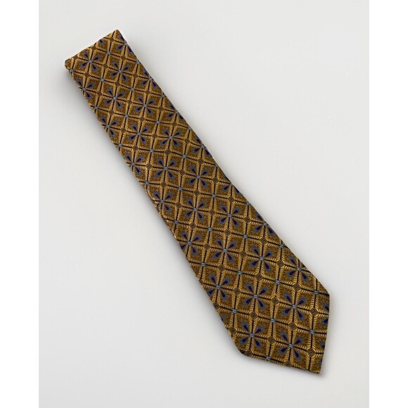 Jos. A. Bank Signature Gold Silk Tie Blue Gold Diamond Pattern Preppy - Picture 1 of 7